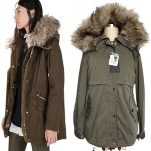 ZARA Parka Faux Fur Hooded Coat Jacket (Army Green) New With Tags